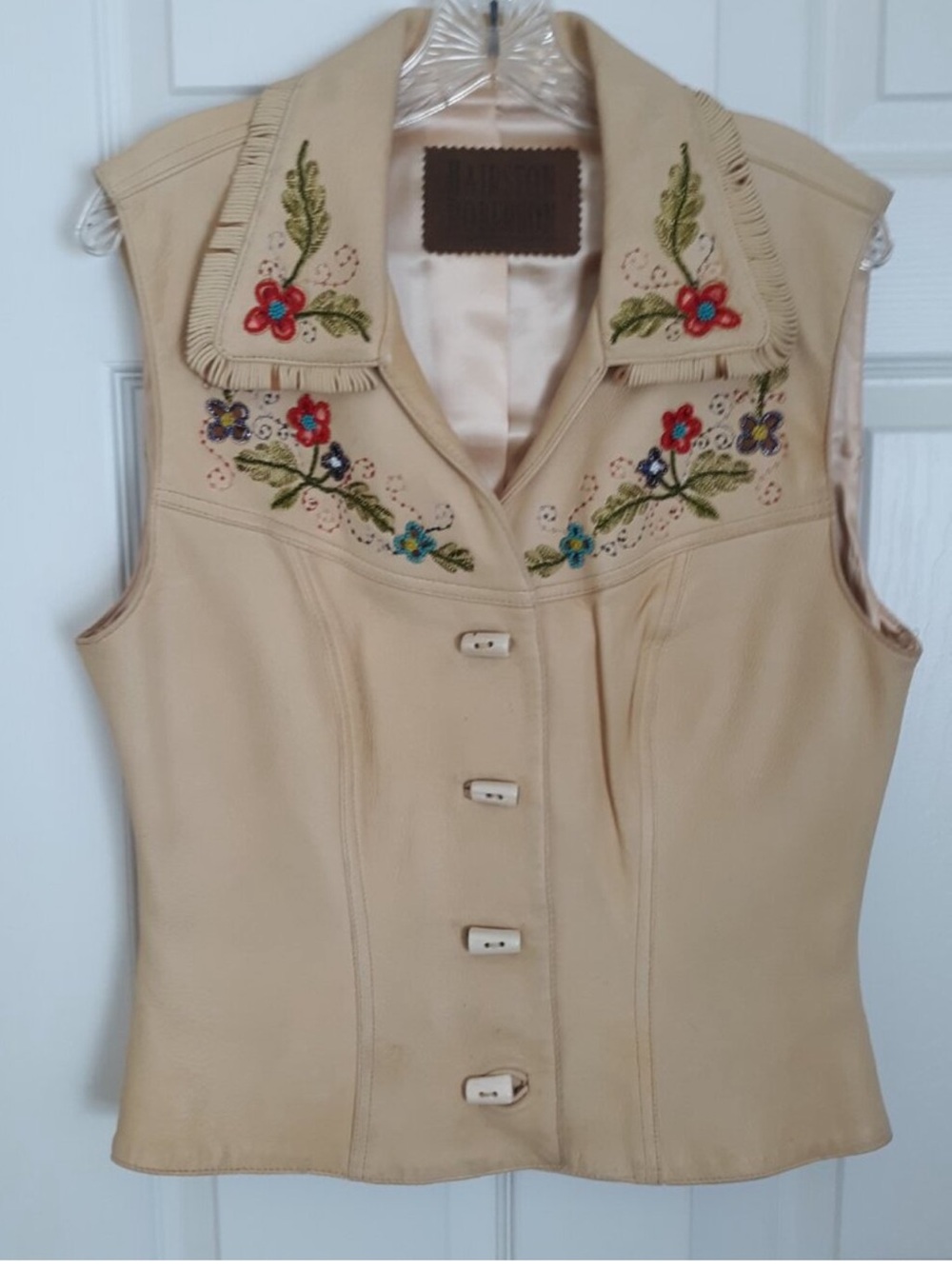 Hairston Roberson Deerskin leather vest beaded embroidered floral design S/M